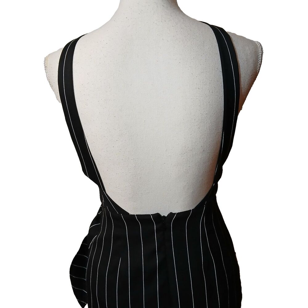 Lush Black White Pinstripe Open Back Criss Cross Shoulder Cutout Party Dress Med - Picture 7 of 13